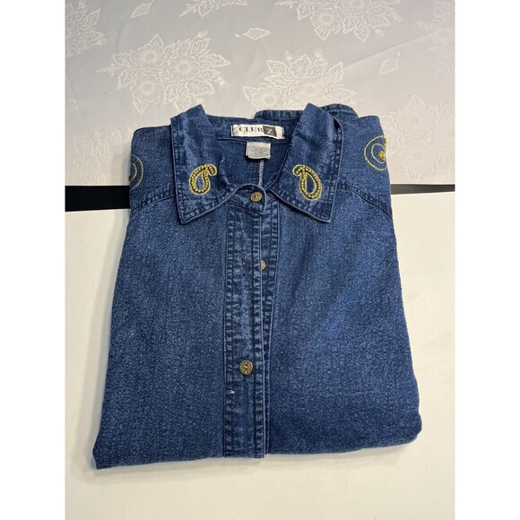 Vtg 80’s Blue Denim Embroidered Beading Button Down Pocket Shirt Plus Sz 26-28 - Picture 1 of 16